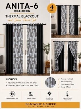 Thermal Blackout & Sheer Curtain Set – 4 Panels